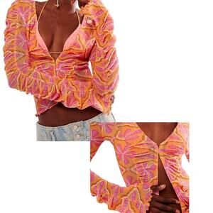 Free People Orange Pink Long Ruffle Sleeve Through The Meadow Top Sz Small Boho